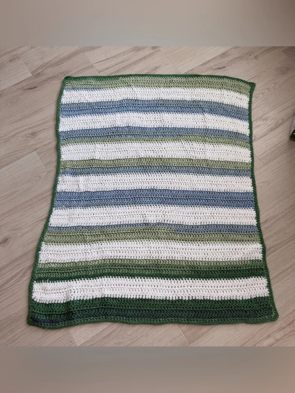 Handmade Crochet Baby Blanket Green Blue Cream Striped Nursery